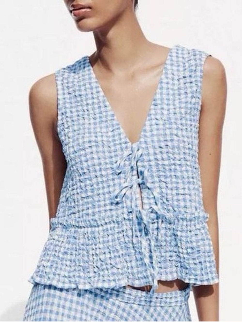 Zara Light Blue Gingham Seersucker Tie-Front Sleeveless Top
